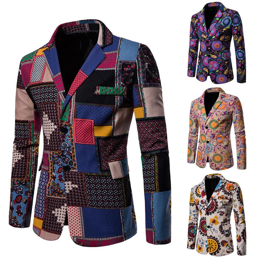 가을 남성 블레이저 아프리카 특성 다채로운 인쇄 턴 다운 칼라 싱글 브레스트 슬림 옷깃 정장 재킷 코트, 스트리트웨어